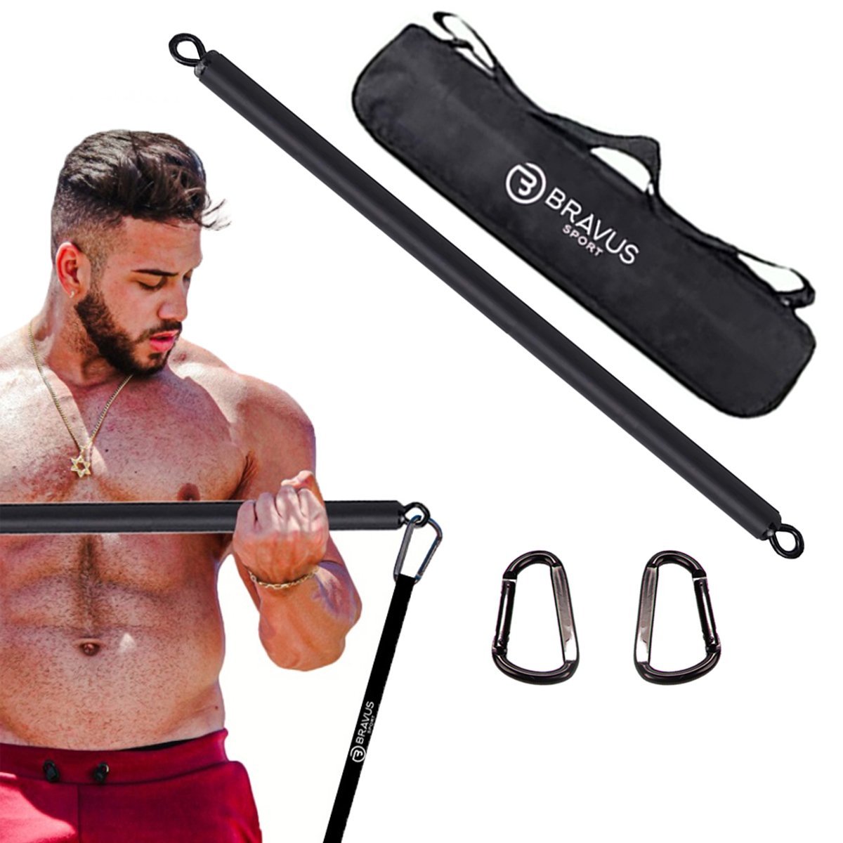 Kit Barra de Exercícios, Mosquetões Ganchos Super Largos Bravus