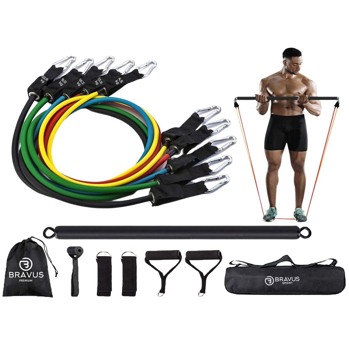 Kit Tubing Elástico Extensor Premium 68Kg com Barra de Exercício