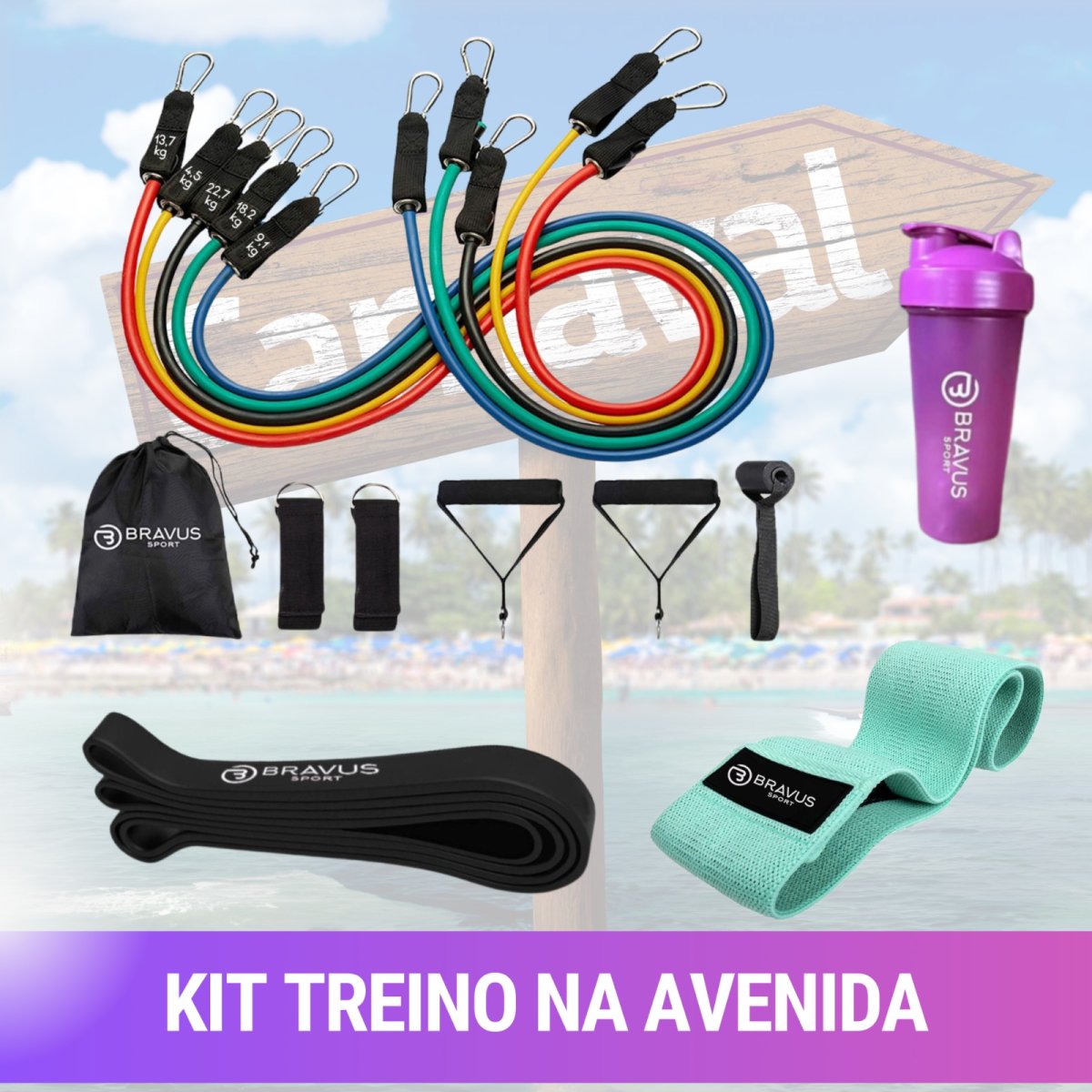 KIT TREINO NA AVENIDA (Kit Tubing Pro + Super Band Média + Hip Band Forte & Coqueteleira)