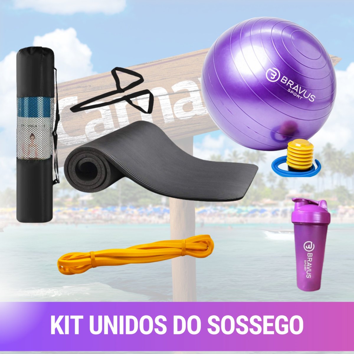 KIT UNIDOS DO SOSSEGO (Tapete + Bola + Elástico Extensor Ultra Leve & Coqueteleira)