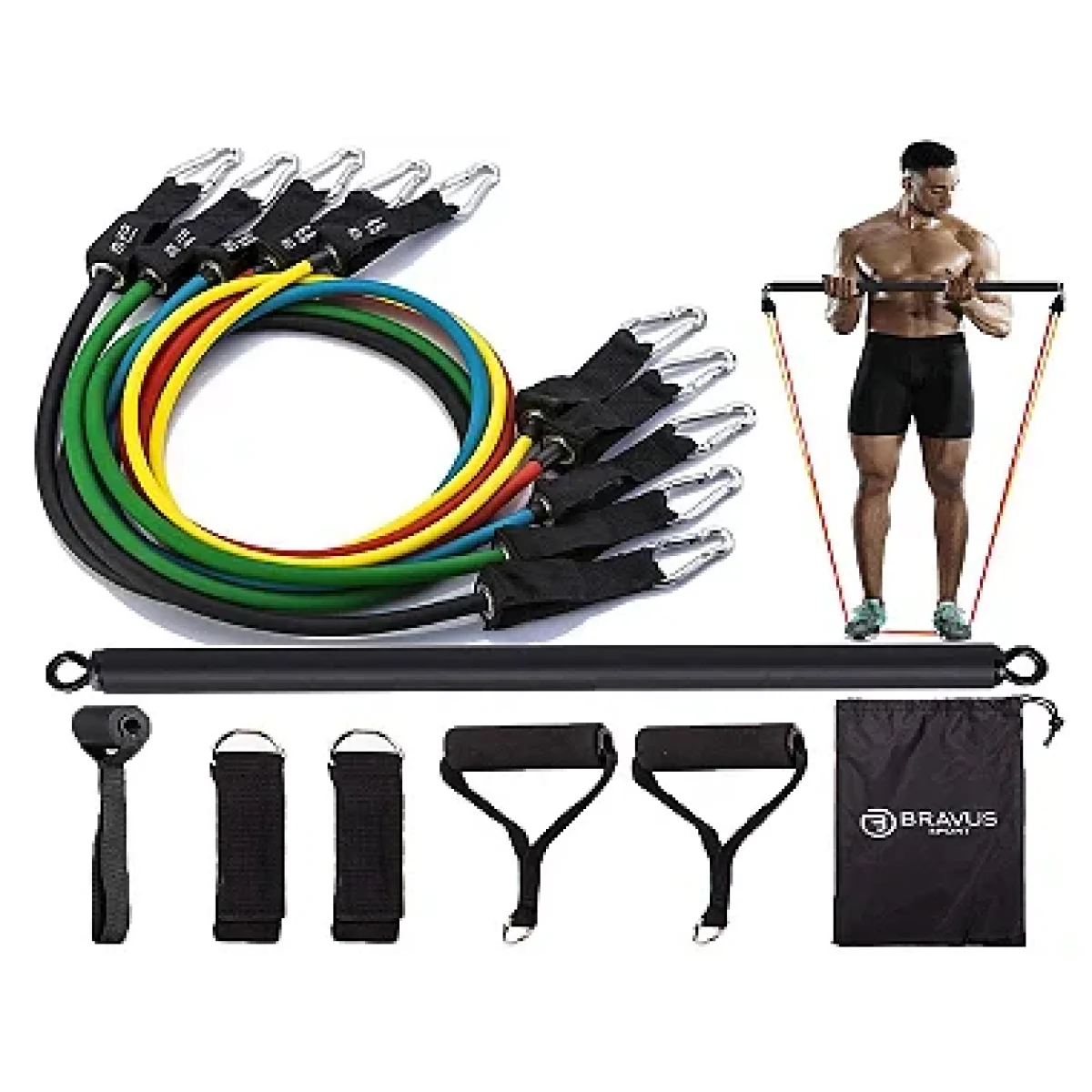 Kit Tubing Elástico Extensor Premium 68Kg com Barra de Exercício