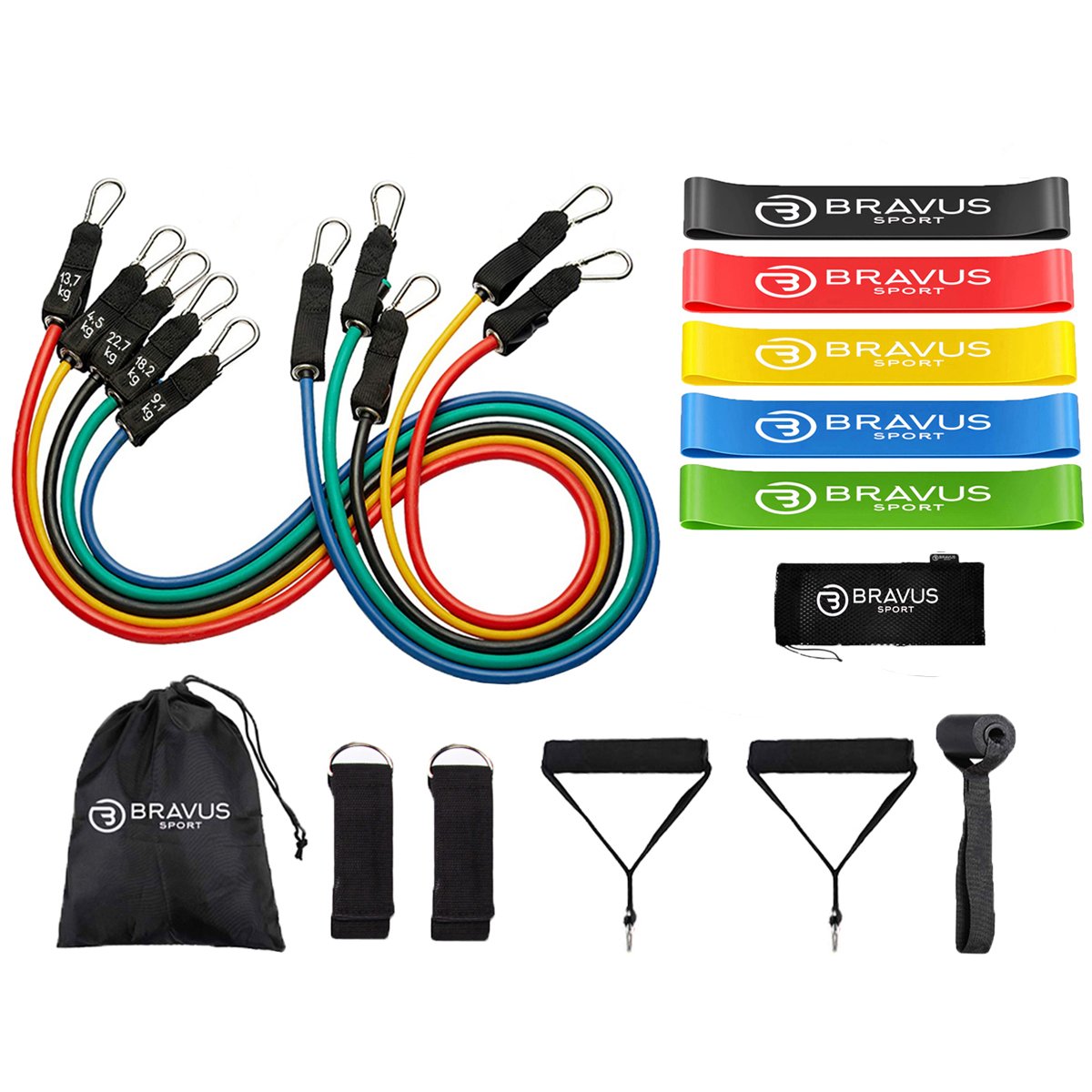 Kit Tubing Pro Elástico Extensor 68kg e Kit 5 Mini Bands Bravus Sport