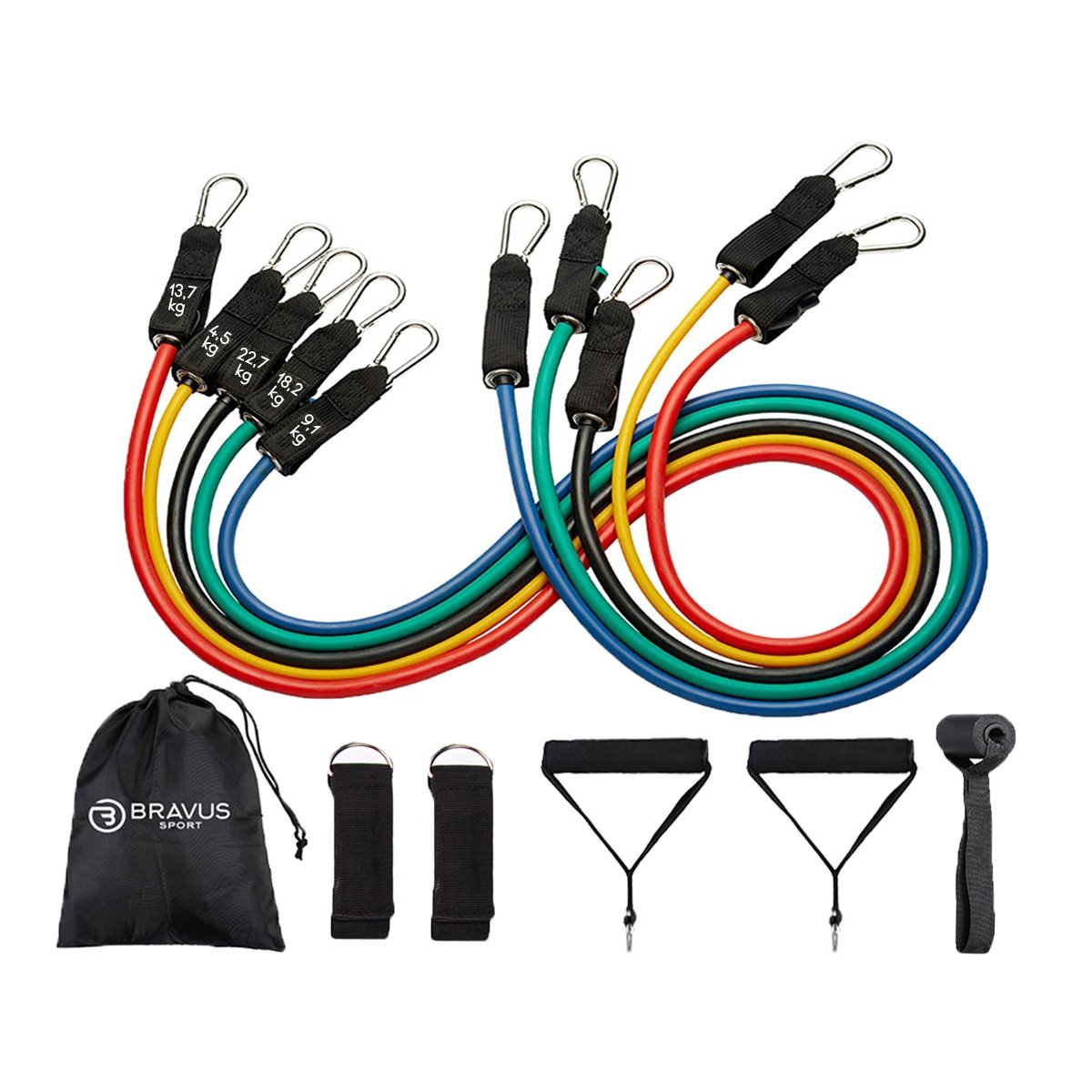 Kit Tubing Pro Carga 68kg Elástico Extensor Exercício Bravus Pro 11 peças