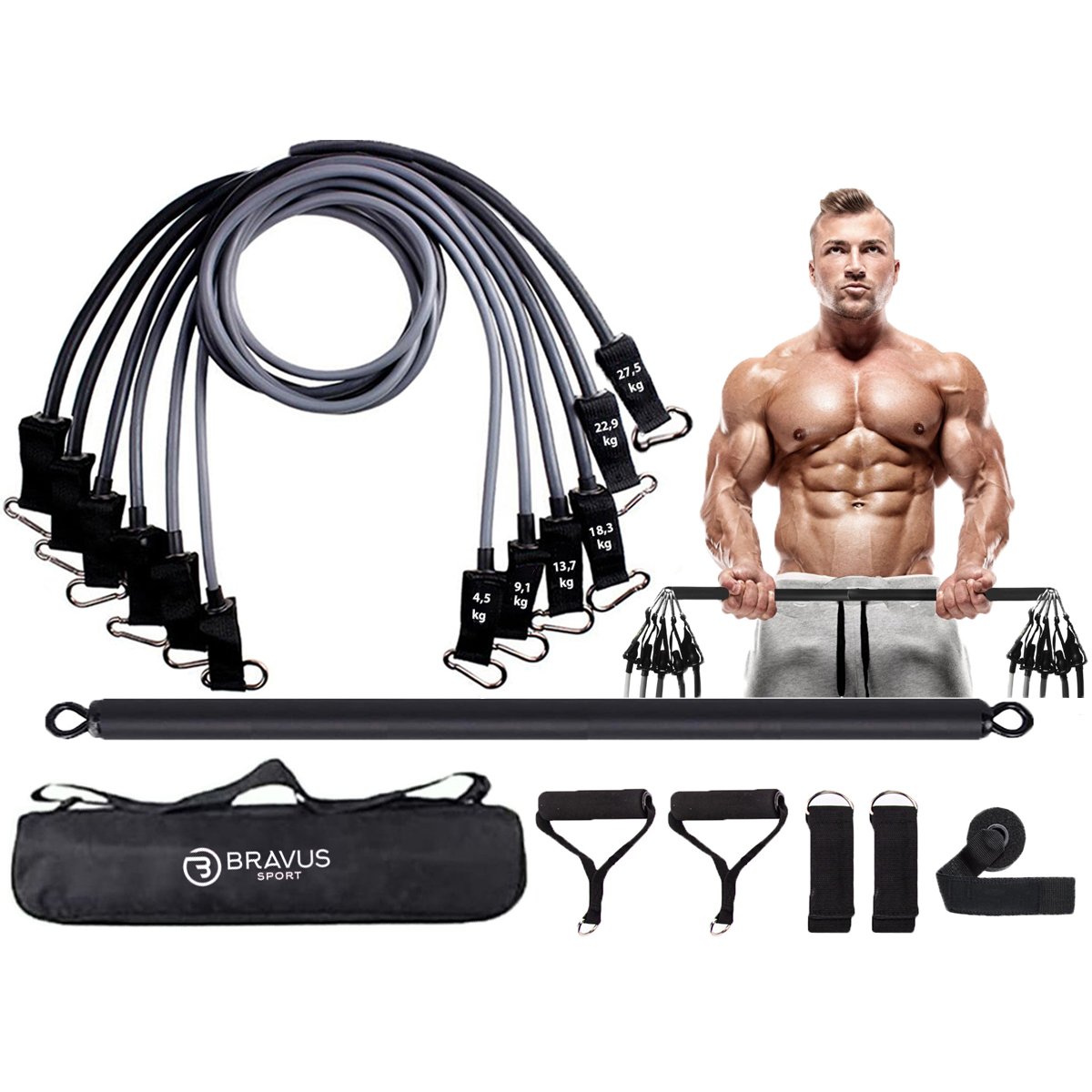 Kit Tubing Elástico Extensor Extreme Pro 95Kg com Barra de Exercícios