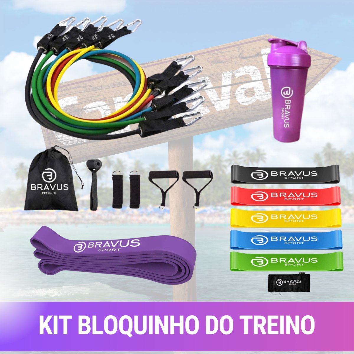 KIT BLOQUINHO DO TREINO (Kit Tubing Premium + Super Band Forte + 5 Mini Bands & Coqueteleira)