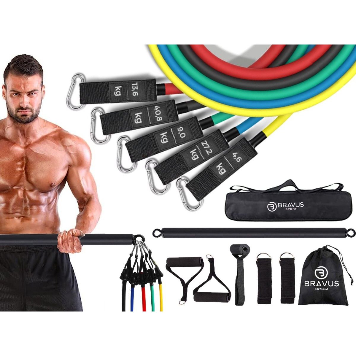 Kit Tubing Premium Extreme 95kg Elástico Extensor + Barra de Exercícios Bravus