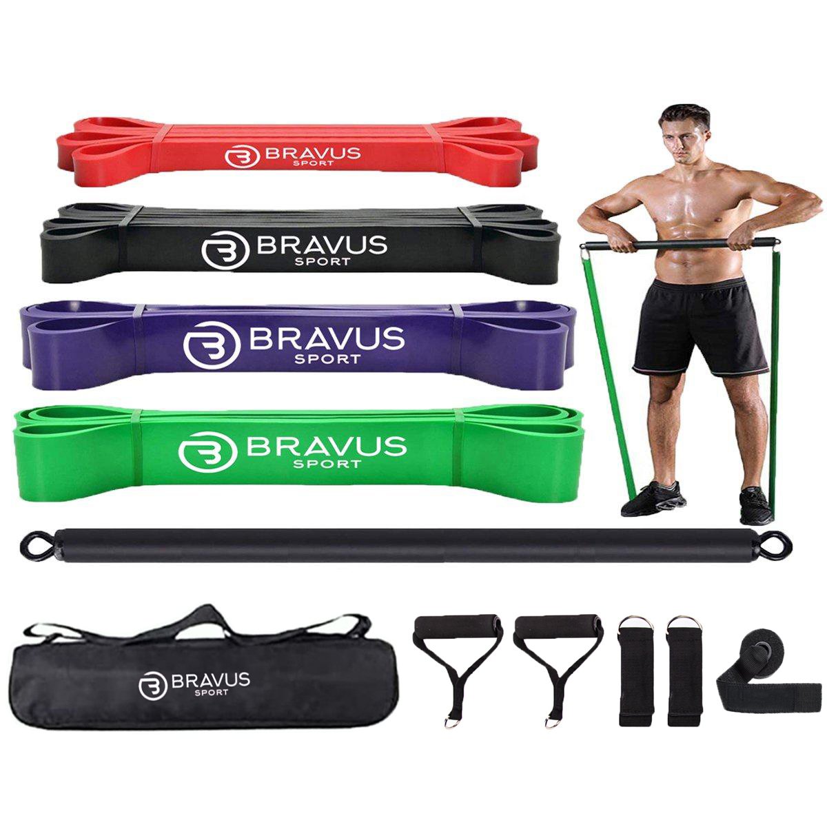 MEGA Kit 4 Super Bands com Alças de Mão, Âncora de Porta e Barra de Exercícios